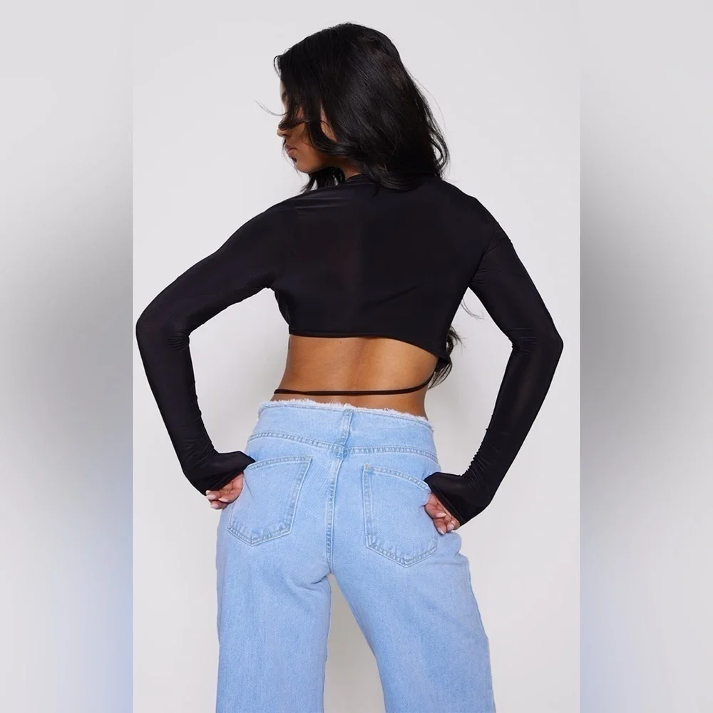 Pretty Little Thing Black Slinky Long Sleeve Crop Top Size 6